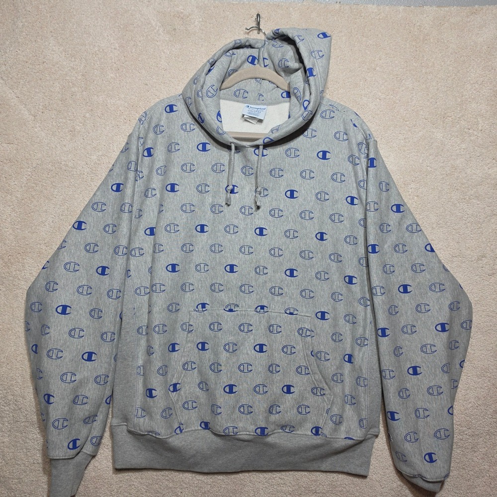 Champion‎ Reverse Weave Hoodie Mens XL Gray Blue All Over Logo Print Sweatshirt